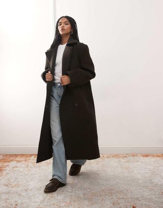 Weekday Cappotto premium doppiopetto in misto lana marrone scuro m&eacute;lange