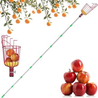 No Brand Recolector De Manzanas Con Mango Telesc&oacute;pico De 3,2 M, Recolector De Frutas Con Cesta De Cabeza Roja, Poste De Conexi&oacute;n De Metal Y Acero Inoxidable, 6