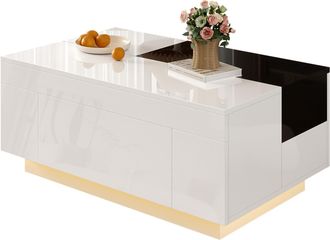 STILVORA Mesa De Centro Con Led Bluetooth, Tablero Extensible, 1 Caj&oacute;n Oculto Soft Close, Blanco Brillo, En Mdf, Negro Y Blanco