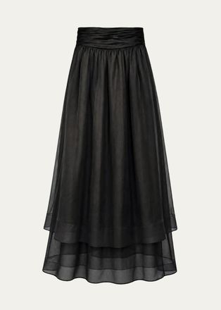 Toccin Amber Tiered Sheer Silk Midi Skirt