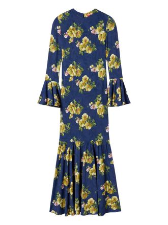 La DoubleJ floral bell-sleeve midi dress - Blue