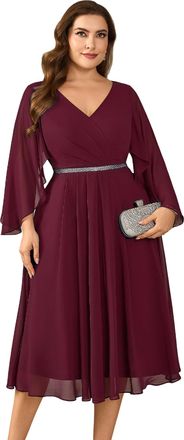 Ever-pretty Womens Plus Size Chiffon Midi Dress V-Neck Evening Gown with Flowy Sleeves for Wedding Party Burgundy 20