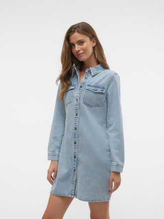 Vero Moda Jeanskleid VERO MODA VMJENNIE LS SHORT DENIM DRESS GA NOOS, Damen, Gr. XL, N-Gr, blau (light blau denim), Denim/Jeans, Obermaterial: 90% Baumwolle, 10