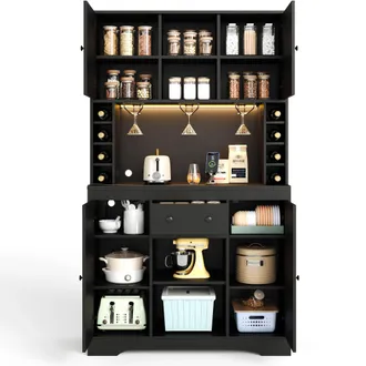STILVORA Aparador De Cocina Con 2 Puertas, 1 Caj&oacute;n, Estantes Ajustables, Led Y Enchufes, En Mdf, Negro, 105&times;40&times;180 Cm