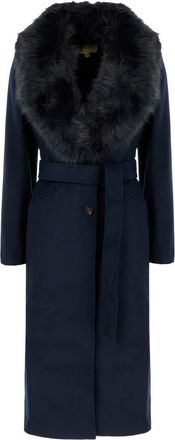 Michael Kors Wollen Jas met Imitatiebont Afwerking - Dames - Jas met riem - Blauw - L - Wol - Jassen