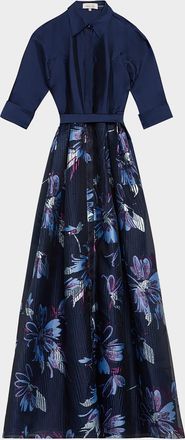 Teri Jon Taffeta & Floral Jacquard Organza Shirt Gown