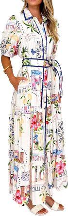 Generic Elegant Short Puff Sleeve Floral Long Dress Stand Collar Belted Maxi Dresses with Button Detailing for Women