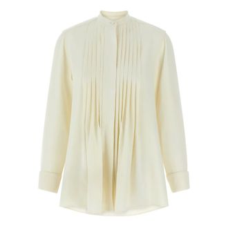 Brioni Overhemden, Dames, Wit, M, Leer, Geplooide Plastron Overhemd