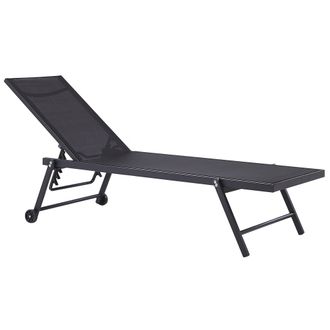 Beliani Tumbona De Jard&iacute;n Asiento Sint&eacute;tico Negro Estructura De Aluminio 198 X 61 Cm Respaldo Reclinable Con Ruedas Patio Portofino