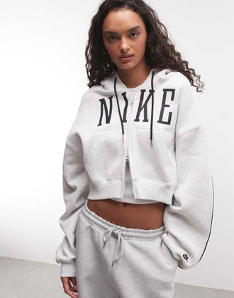 Nike Studio Fleece felpa con cappuccio oversize corta con zip e logo, di peso medio, grigia-Grigio