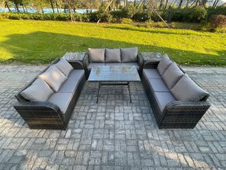 Fimous 9 Seater Wicker Rattan Garden Furniture Set with Rectangular Dining Table 2 Side Tables Patio Outdoor Lounge Sofa Set in Dark Grey