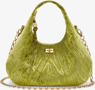 Ganni Spinach Green Velvet Moire Mini Hobo Bag
