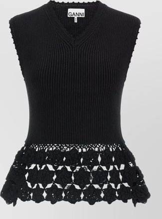 Ganni cotton ribbed crochet v-neck sleeveless top