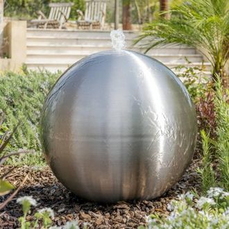 PRIMROSE Stainless Steel Water Feature Sphere With Lights Reservoir 28cm in Silver
