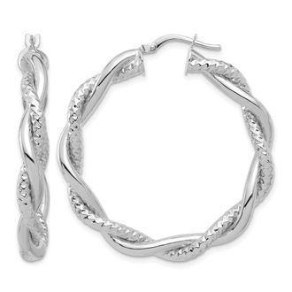 Diamond2Deal 14K White Gold Polished and Textured Twisted Round Hoop Earrings