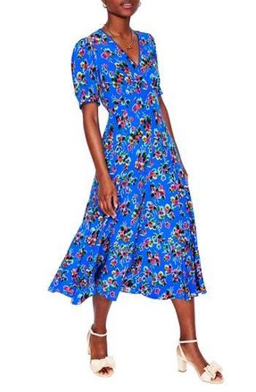 Boden Rosie Floral Print Puff Sleeve Godet Maxi Dress in Blue at Nordstrom Rack, Size 0
