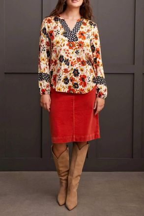 Tribal Floral V-Neck Blouse With Placket In Dark Desert