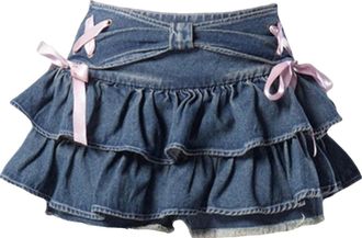 Generic Womens Bow Low Waist Retro Pleated Skirt A-Line Mini Denim Skirts with Adjustable Waist Ladies Casual Denim Skirt Relaxed Straight Fit Skorts Spring S