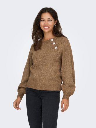 Only Strickpullover ONLY ONLLAUREN LIFE LS O-NECK BUTTON KNT, Damen, Gr. XL, cocoa cr&eacute;me detail:melange, Strick, Obermaterial: 50% Polyacryl, 50% Polyester