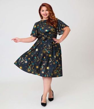 Unique Vintage Plus Size 1930s Swing Dress in Black Celestial Print at Nordstrom, Size 2X