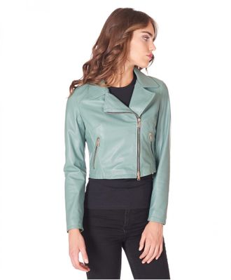 D'Arienzo Giacca corta in pelle verde salvia stile chiodo DArienzo, Seleziona Taglia L, Colore Verde