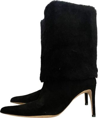 Alexandre Birman Black Shearling Cuff Heeled Long Boots Size 38