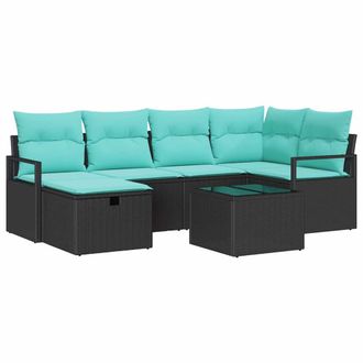 vidaXL Juego De Sof&aacute; Con Coj&iacute;n 7 Pcs Negro Y Turquesa Rat&aacute;n Sint&eacute;tico Vidaxl
