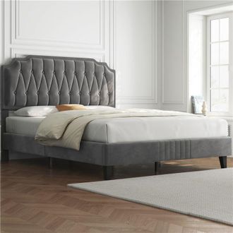 Yaheetech Yaheetech - Cama Doble Marco De Cama Tapizado Cabecero Regulable En Altura Gris Oscuro/160 X 200 Cm