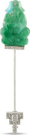 Luxury Bazaar Antique 18K White Gold Carved Jade Jabot Pin MF14-082526