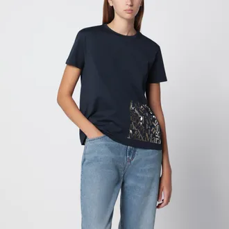 Max Mara T-shirt blu marino in cotone con stampa logo