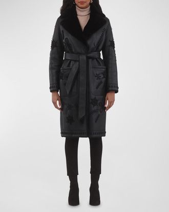 Gorski Lamb Shearling Wrap Coat with Floral Embroidery