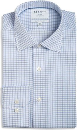 Stantt Contemporary Fit Check Wrinkle Resistant Cotton Dress Shirt in Navy/White at Nordstrom, Size 17 - 36