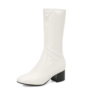 Generic Womens Mid-Calf Casual Boots with Square Toe and Block Heel - Patent Leather Riding Style,White,7.5 UK