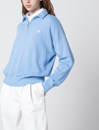 Polo Ralph Lauren Felpa con mezza zip azzurra in cotone