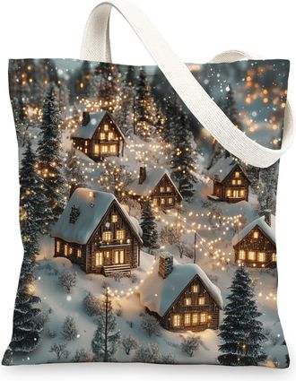 Generic Winter Farmhouse Christmas Canvas Tote Bag for Shopping 13x15, Cool Forest Cabin Xmas Reusable Grocery Print Bag for Women Men, Farm Holiday Aesthetic