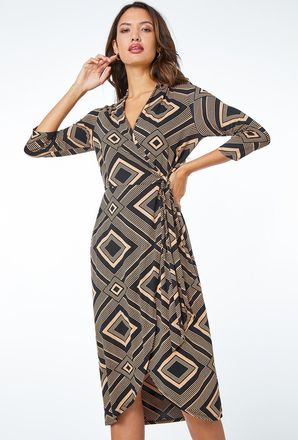 Roman Geometric Stretch Wrap Midi Dress