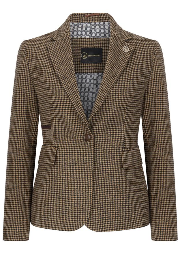 Womens Tailored Brown Dogtooth Wool Blend Tweed Blazer - Size 20 UK