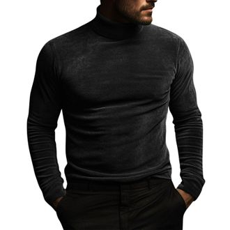 Generic Velvet Mock Neck Shirts for Men Long Sleeve Turtleneck Pullover Tops Warm Slim Fit Wedding Dance Party T-Shirts 2025(Black, M)