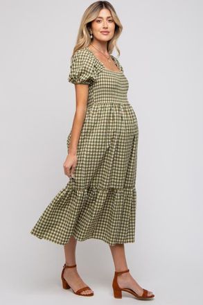 Pinkblush Gingham Smocked Midi Dress in Olive Green at Nordstrom, Size Large