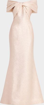 Teri Jon Off-Shoulder Metallic Jacquard Mermaid Gown