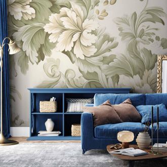 OEM Murale Da Parete - Fiori Vintage Retr&ograve; Nei Toni Del Crema E Del Verde Tenue / Fiori Vintage Dai Colori Chiari