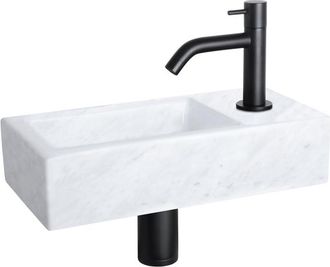 Differnz Helios fonteinset - 37.5x18.5x9.5cm - Rechthoek - 1 kraangat - Gebogen matte zwarte kraan - Mineraalsteen Marmer