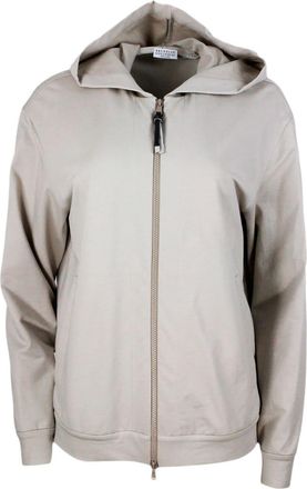 Brunello Cucinelli Stretch Cotton Sweatshirt With Hood And Jewel On The Zip Puller