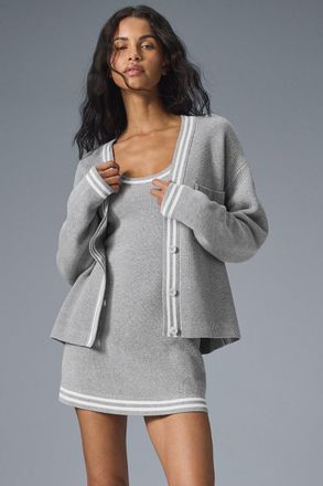 Alo | Tennis Club Sweater Knit Cardigan Top in Athletic Heather Grey/White, Size: Medium
