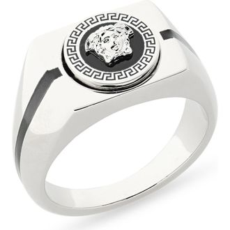 Versace Mens Enamel Medusa Signet Ring in Palladium/Black at Nordstrom, Size 8.5