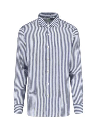 Finamore Blue Striped Classic Collar Linen Shirt