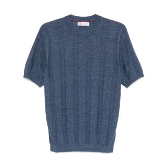 Brunello Cucinelli Truien & Vesten, Heren, Blauw, 3Xl, Linnen, Ronde hals knitwear