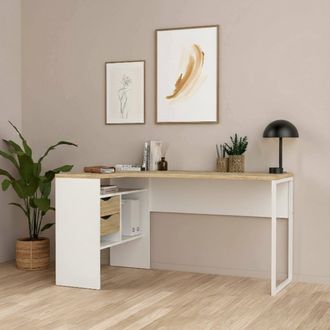 Dmora Dmora Bureau DAngle &Agrave; Deux Tiroirs, Coloris Ch&ecirc;ne Et Blanc, 145 X 76 X 81 Cm