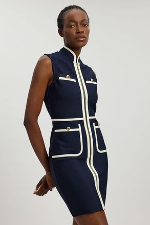 Karen Millen Womens Figure Form Bandage Knit Piping Detail Military Sleeveless Mini Dress - Navy - Size 16 UK
