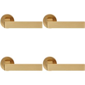 Loops 4x PAIR Straight Square Handle on Round Rose Concealed Fix Satin Brass in Metallics